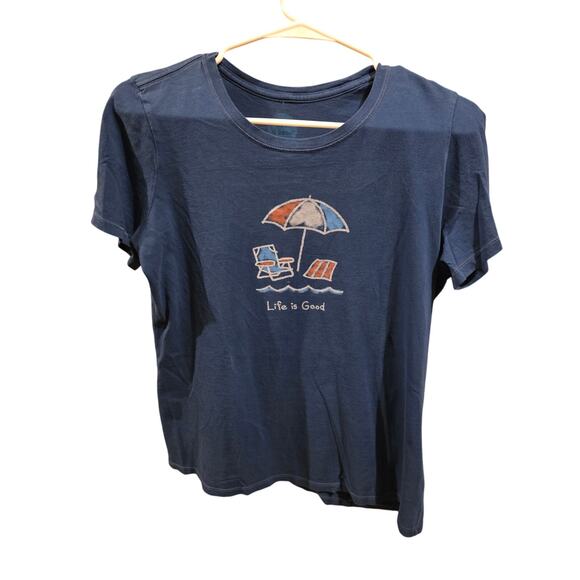 Life Is Good Classic Fit Tee M Womens Beach Umbrella Short Sleeve Blue Crew Neck - Picture 1 of 6